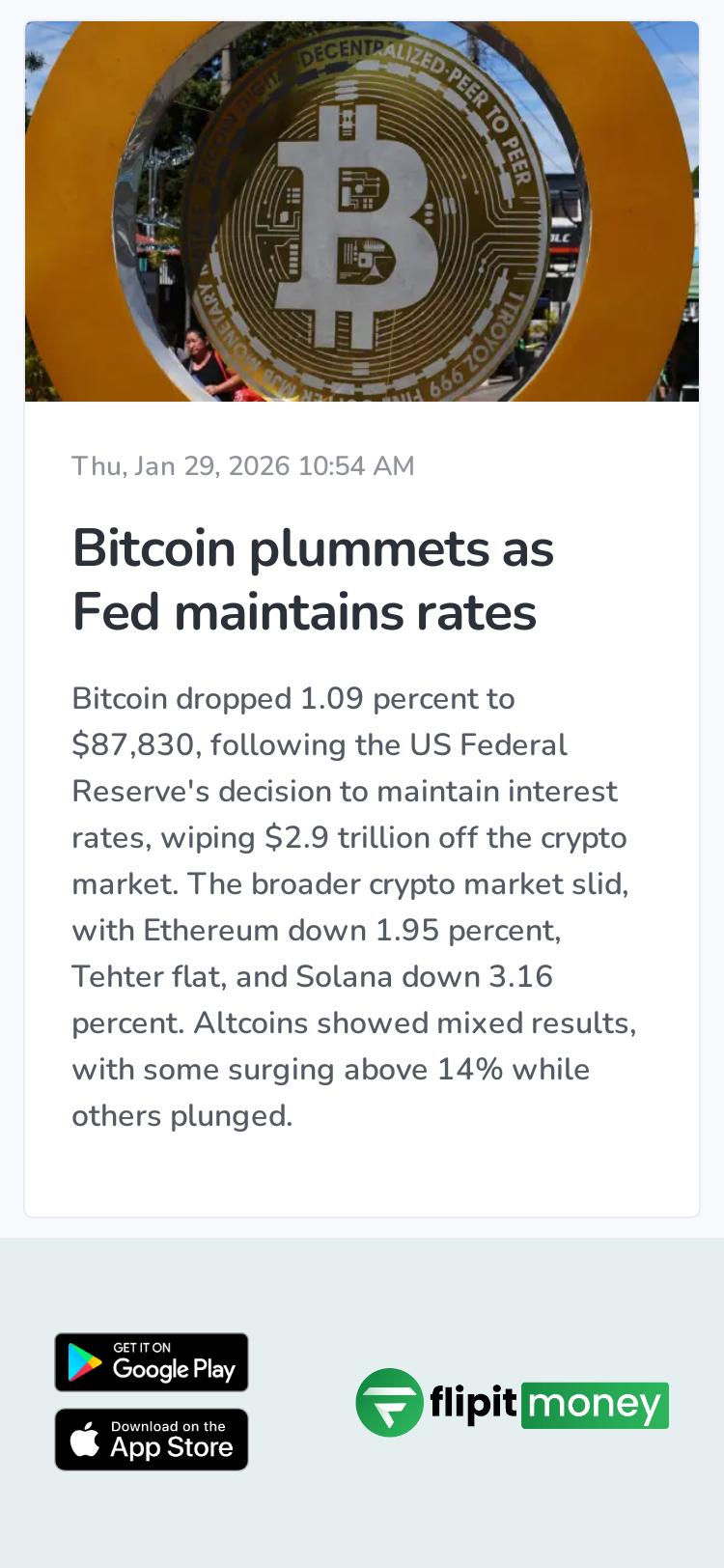 Bitcoin plummets as Fed maintains rates