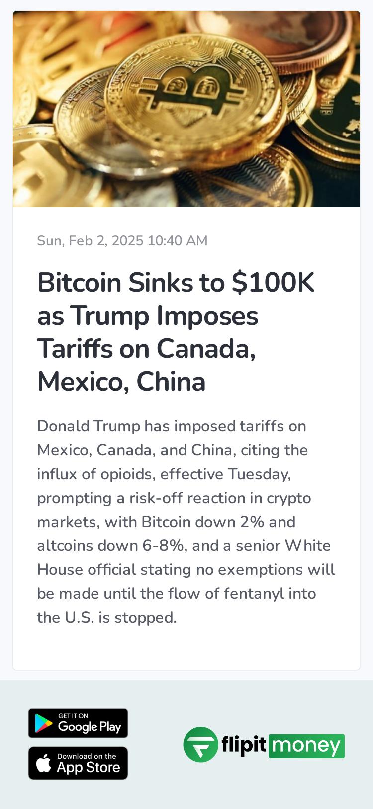 Bitcoin Sinks to $100K as Trump Imposes Tariffs on Canada, Mexico, China
