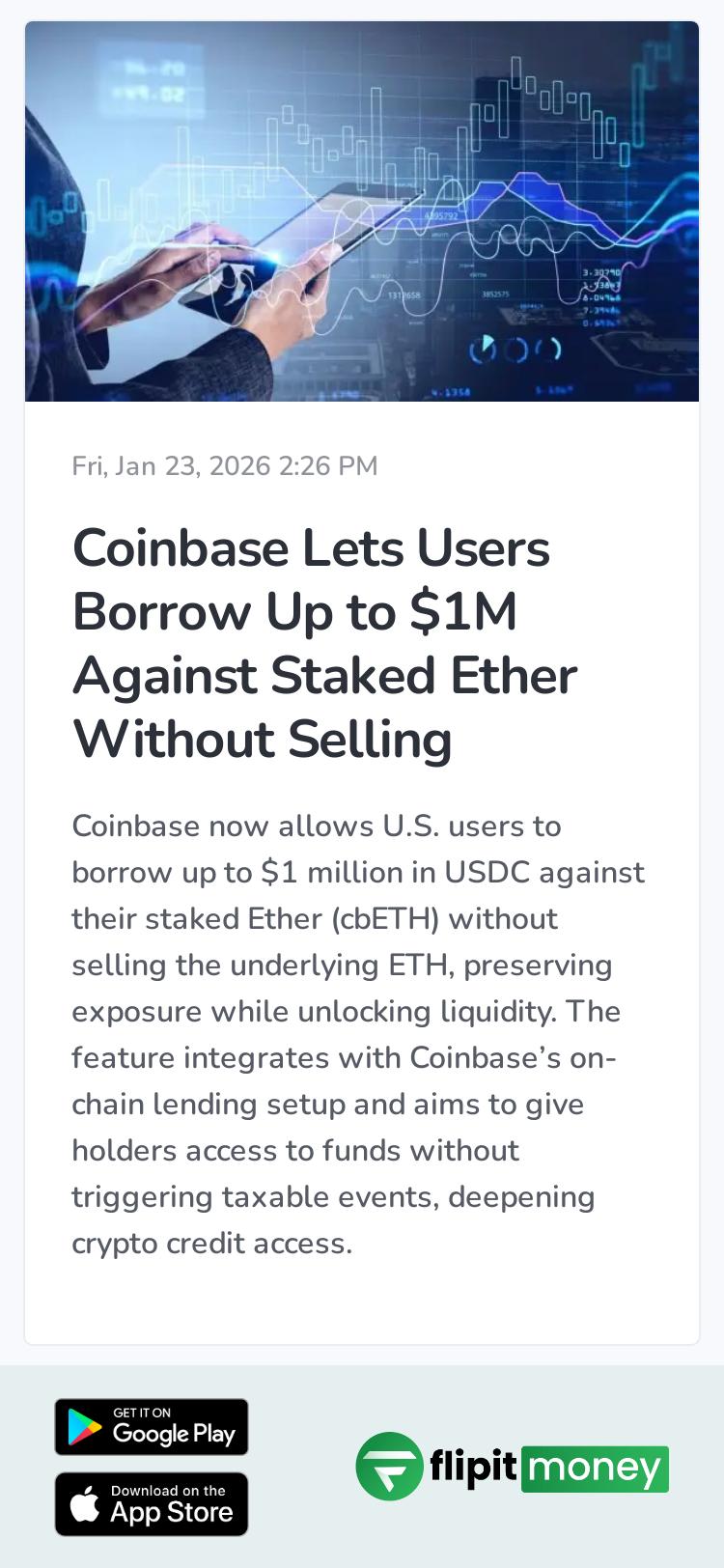 Coinbase Lets Users Borrow Up to $1M Against Staked Ether Without Selling