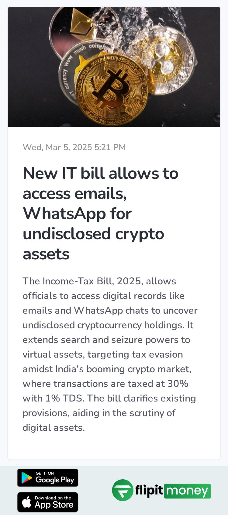 New IT bill allows to access emails, WhatsApp for undisclosed crypto assets