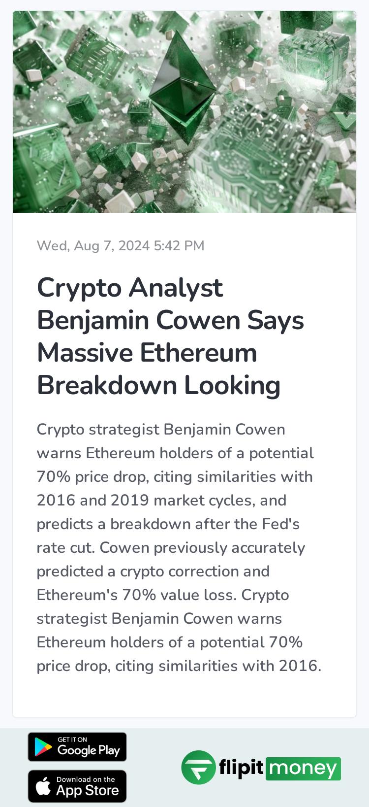 Crypto Analyst Benjamin Cowen Says Massive Ethereum Breakdown Looking